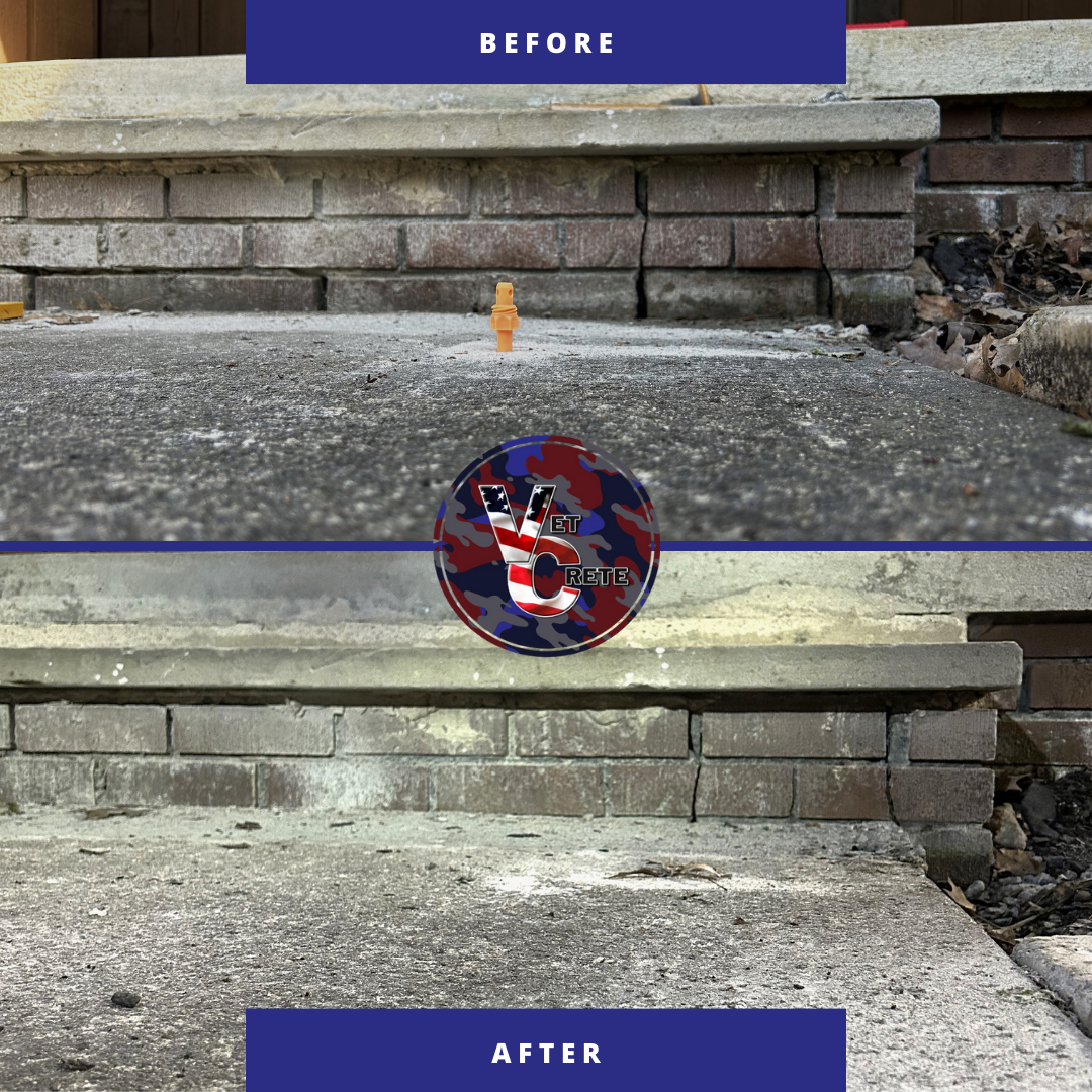 Before and after comparison after a concrete leveling job completed by VetCrete